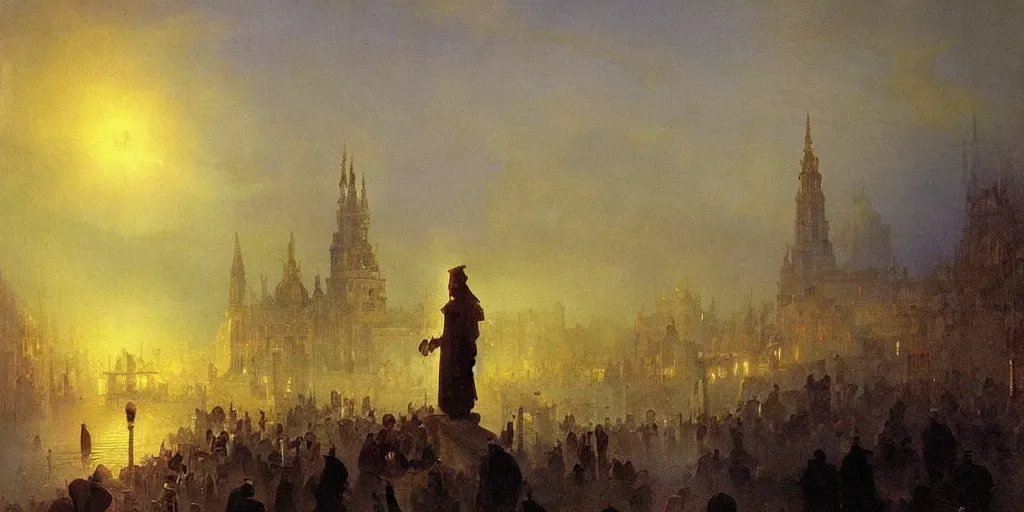 Image similar to sorcerer mage casting a spell in the middle of the city, there is light comming out of his hand, beautiful artwork detailed painting by ivan aivazovsky