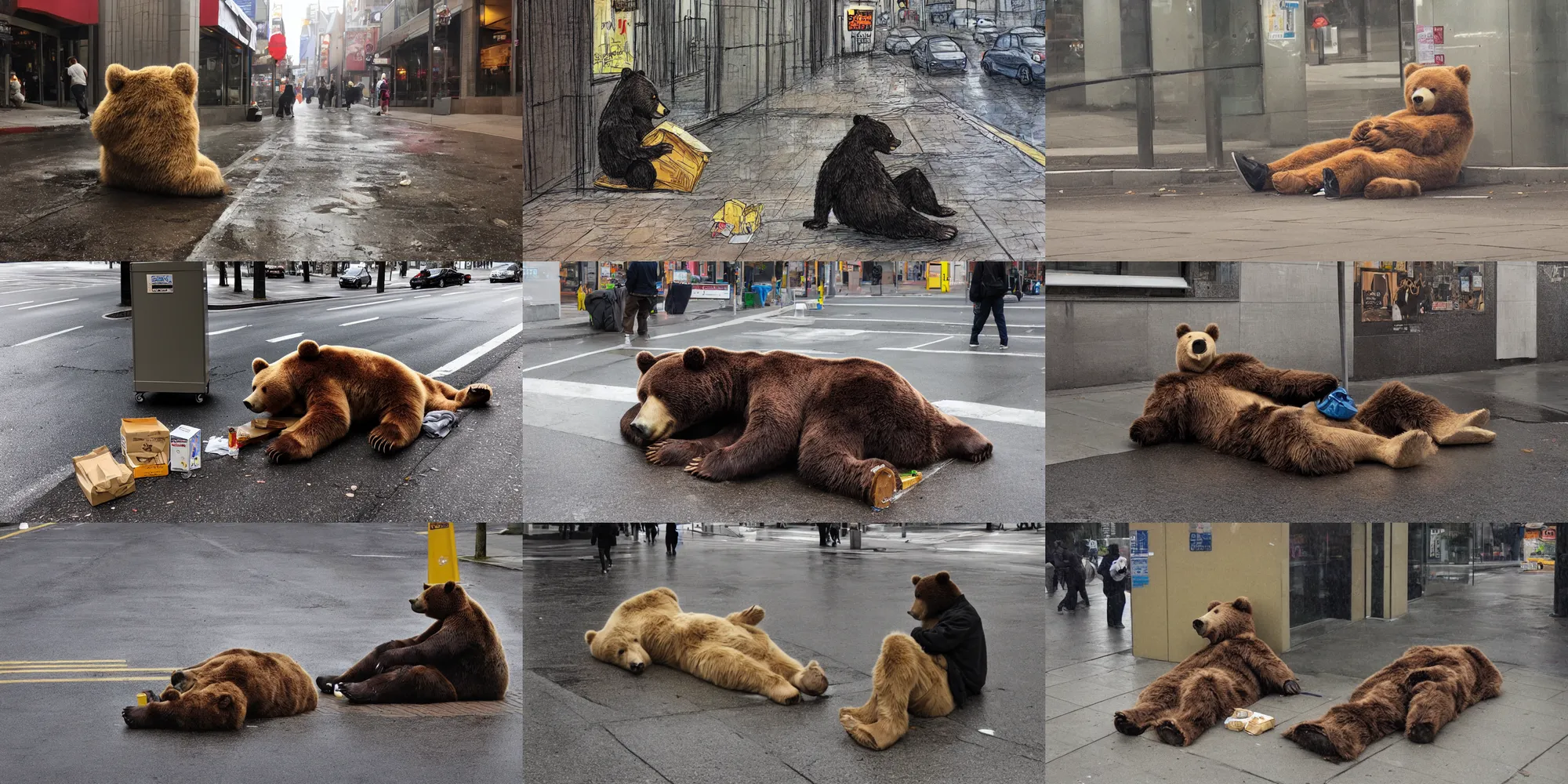 Prompt: hyper - realistic anthropomorphic bear homeless laying in a dark rainy street corner under carton boxes, honey dispensary