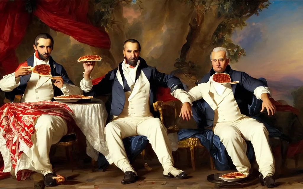 Prompt: a beautiful full body portrait of barack obama and joe biden eating pizza, art by franz xaver winterhalter, highly detailed, elegant, jewlery, romanticism, rococo, neoclassicism, 1 8 5 0 s style painting, oil on canvas, vivid