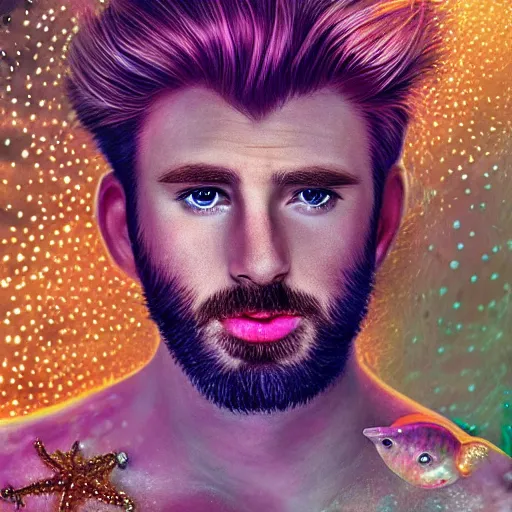 Prompt: chris evans portrait, fantasy, mermaid, hyperrealistic, highly detailed, cinematic lighting, pearls, glowing hair, shells, gills, crown, water, highlights, starfish, jewelry, realistic, digital art, pastel, magic, fiction, ocean, game, king, colorful hair, sparkly eyes, fish, god, waves, bubbles, heroic