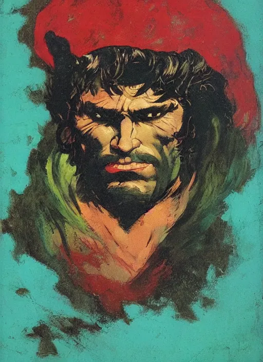 Image similar to portrait of barbarian on mountain, coherent! by mariusz lewandowski, by frank frazetta, deep color, strong line, red green black teal, minimalism, high contrast