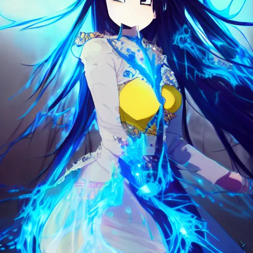 Image similar to a teenage anime girl wearing a very high detailed dress made out of blue fire , full body, very long black/red hair, one yellow and one blue eye, intense stare, cinematic lighting, medium shot, MCU, trending on artstation, CSP, Photoshop, WLOP, Rossdraws, James Jean, Andrei Riabovitchev, Marc Simonetti, Anastasia Ovchinnikova and Sakimichan