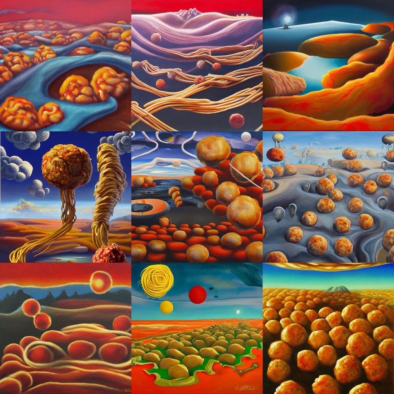 Prompt: the infinite land of spaghetti and meatballs, surrealist landscape painting