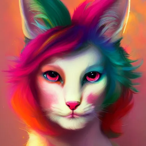 Image similar to colorful and festive cat with pink hair,. rich vivid colors, ambient lighting, dynamic lighting, 4 k, atmospheric lighting, painted, intricate, highly detailed by charlie bowater