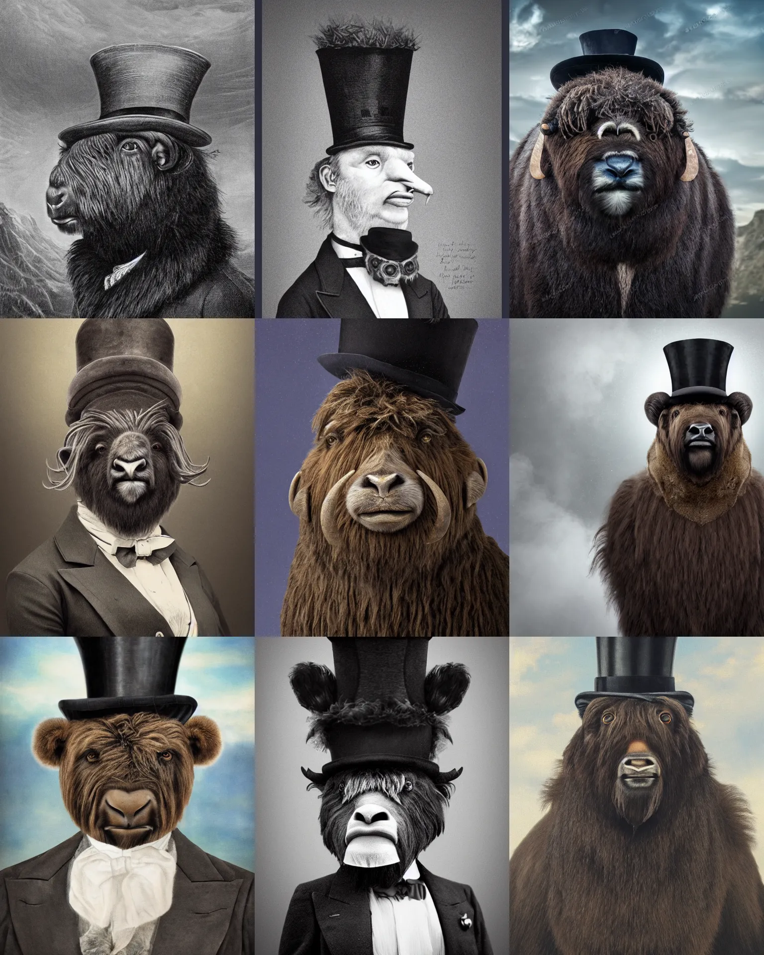 Image similar to highly detailed portrait photo of an anthropomorphic mutant with the head of a musk ox, wearing a overgown and a top hat in a dystopian scenic environment, hyperrealistic Illustration