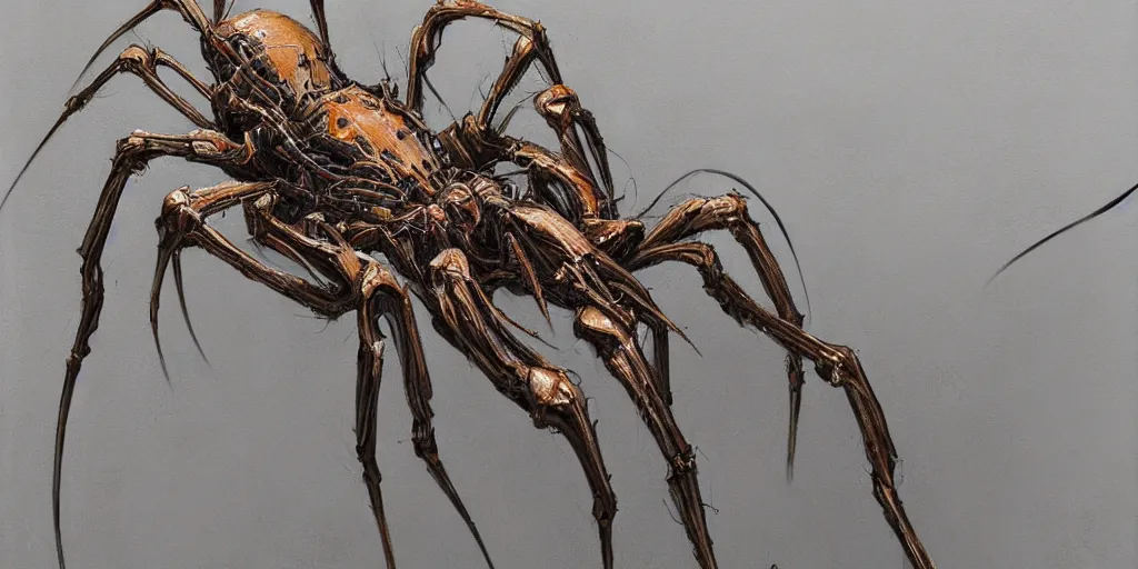 Image similar to A beautiful painting of a biomechanical spider by Peter Gric, ConceptArtWorld, DeviantArt, Fotografie, Nvidia, Trending on artstation, Unreal Engine