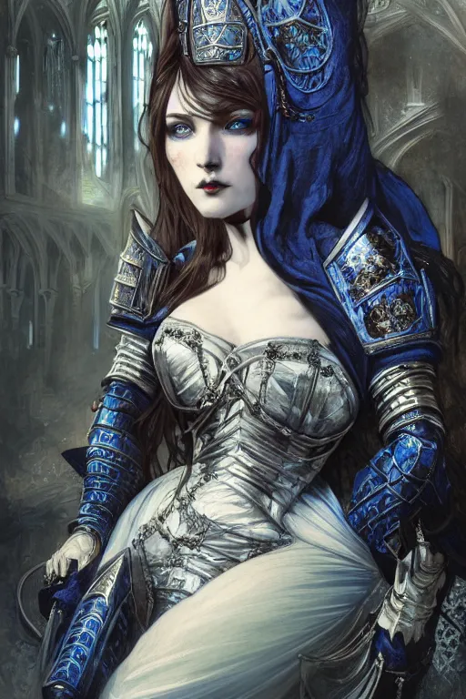 Image similar to beautiful luxury and gothic and victorian and evil medieval female blue & white color armor knight portrait+smoky eyes+light flowing hair, in ruin gothic cathedral, ultradetail face, art and illustration by tian zi and craig mullins and WLOP and alphonse mucha, fantasy, intricate complexity, human structure, fantasy world concept, watermark, blurry, hyperrealism 8k