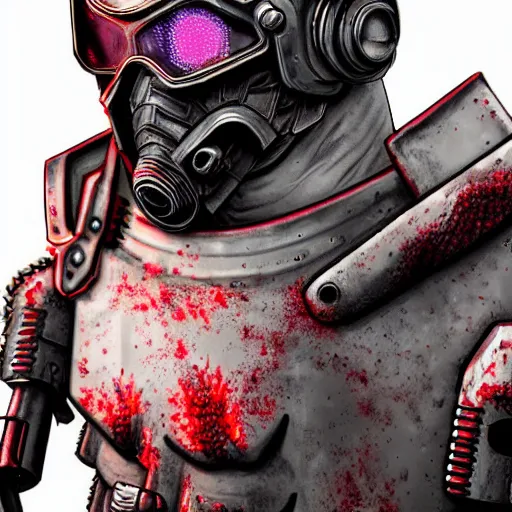 Image similar to a award winning action upper body portrait of nuke zombie with a breathing mask while wearing futuristic bodyarmor and pauldrons, outrun, vaporware, highly detailed, fine detail, intricate