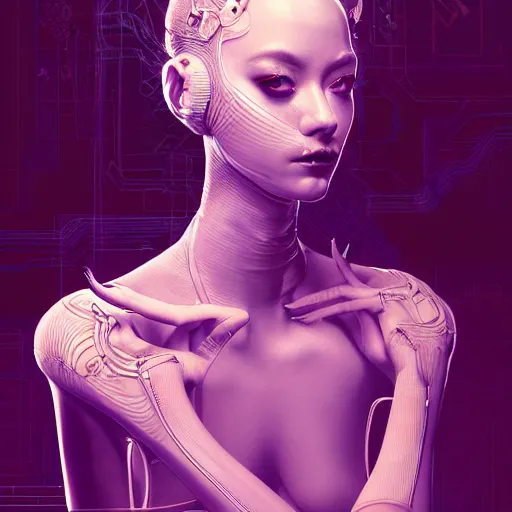 Image similar to the portrait of an absurdly beautiful, graceful, sophisticated, fashionable cyberpunk gravure idol, an ultrafine hyperdetailed illustration by kim jung gi, irakli nadar, matt wisniewski, intricate linework, neon wiring, porcelain skin, unreal engine 5 highly rendered, global illumination, radiant light, detailed and intricate environment