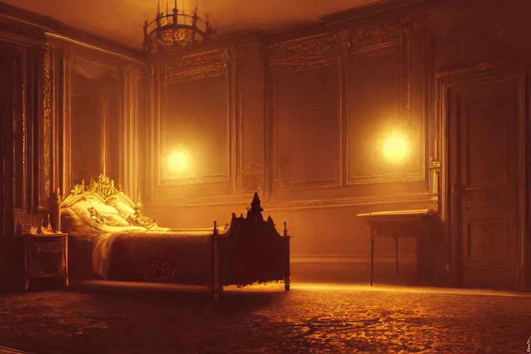 Image similar to an ornate victorian bedroom at night. 1 8 9 0, key visual, conceptart, low candlelight, highly detailed, digital painting, artstation, concept art, sharp focus, by makoto shinkai and akihiko yoshida and greg manchess