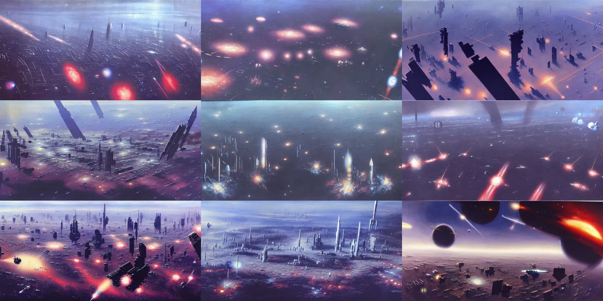 Image similar to a painting of low earth orbit space city under war by john harris. sharp edges. 8 k. ultra clear detailed
