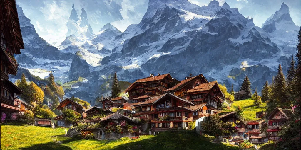 Image similar to switzerland wengen beautiful landscape, ultrafine highly detailed hyper colorful illustration, sharp focus, rozalski, craig mullins, unreal engine highly rendered, global illumination, radiant light, intricate and detailed environment