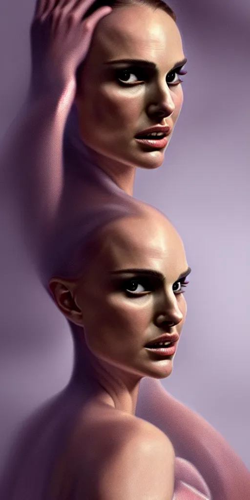 Image similar to Natalie Portman, wearing an evening gown, alexander mcqueen couture, very detailed portrait, ultrarealistic, dramatic lighting, electrical details, high details, 4k, 8k, best, accurate, trending on artstation, fur, artstation, photorealism, ultrarealistic, digital painting, style of Dali, Caravaggio, Boris Vallejo