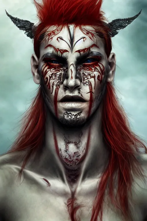 Image similar to male fantasy character, fiery red hair loops around face and head, black tattoos around both eyes, tribal crazy look, hyper realism, highly detailed, fantasy, biological, wide fov, lunar background