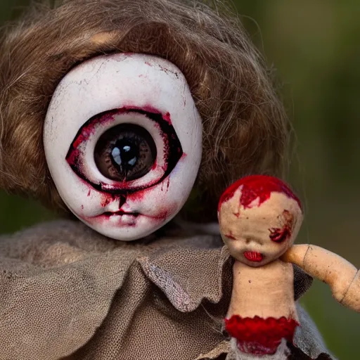 Prompt: macabre abandoned doll, blood stained, few broken hairs, one eye, terrifying