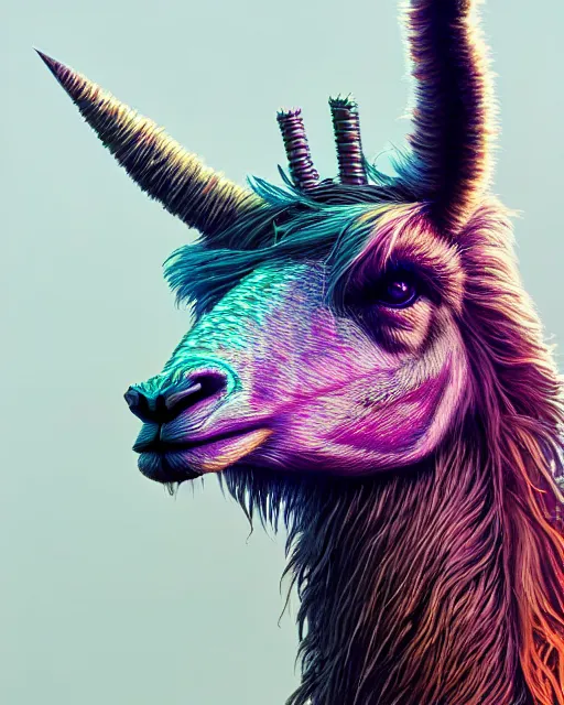 Image similar to highly detailed surreal vfx portrait of a metallic chromatic geometric tribal llama, behance, stephen bliss, unreal engine, greg rutkowski, loish, rhads, beeple, makoto shinkai and lois van baarle, ilya kuvshinov, rossdraws, tom bagshaw, alphonse mucha, global illumination, detailed and intricate environment