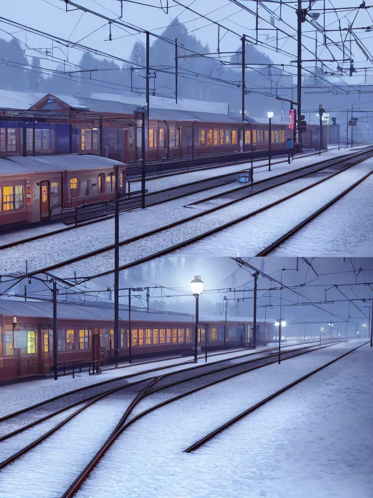 Prompt: train station in snowy weather, super real, unreal engine 8k, Vibrant colors, , High contrast, depth of field,