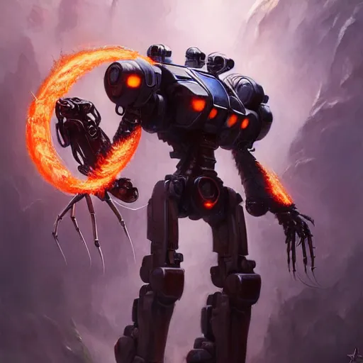 Image similar to beautiful oil painting with high detail of a mech spider robot from dungeons and dragons and art direction by James Cameron ;by artgerm; wayne reynolds art station; cinematic quality character action render; ultra high quality model; production quality cinema model; flaming plasma aesthetic