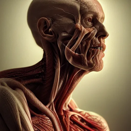 Prompt: Human with partially translucent skin, visible muscles and nerves, beautiful detailed intricate insanely detailed octane render, 8K artistic photography, photorealistic, chiaroscuro, by David Cronenberg, Raphael, Caravaggio