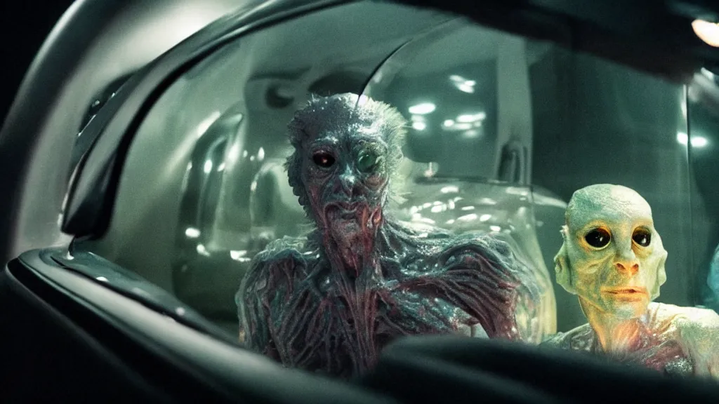 Image similar to the creature sits in a car, made of glowing wax, they look me in the eye, film still from the movie directed by Denis Villeneuve and David Cronenberg with art direction by Salvador Dalí, wide lens