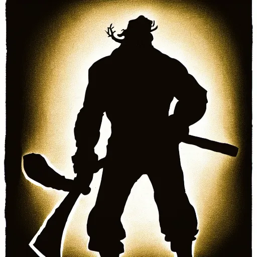 Prompt: a lumberjack in the style of Hellboy well lit at night against the moon