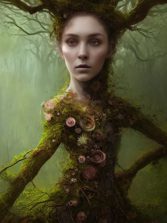 Image similar to Full View Portrait Mystical ethereal deity of oak trees wearing beautiful dress in a magic forest, Oak Dryad made of vines tree bark moss beautiful dress, 4k digital masterpiece by Greg Rutkowski and Ruan Jia and Tom bagshaw, Alberto Seveso, fantasycore, Hyperdetailed, realistic oil on linen, soft lighting, featured on Artstation, textured, stylized, intricate details