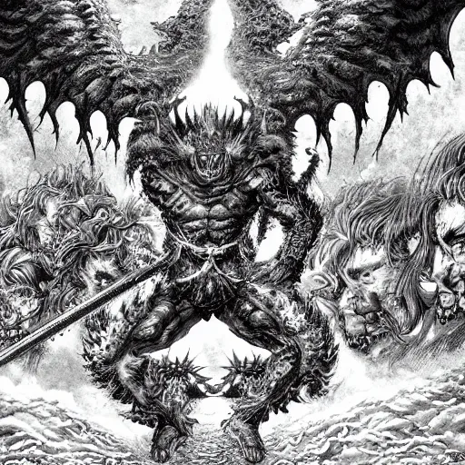 Image similar to a stunning digital masterpiece of hell and heaven at war by kentaro miura, hyper-detailed