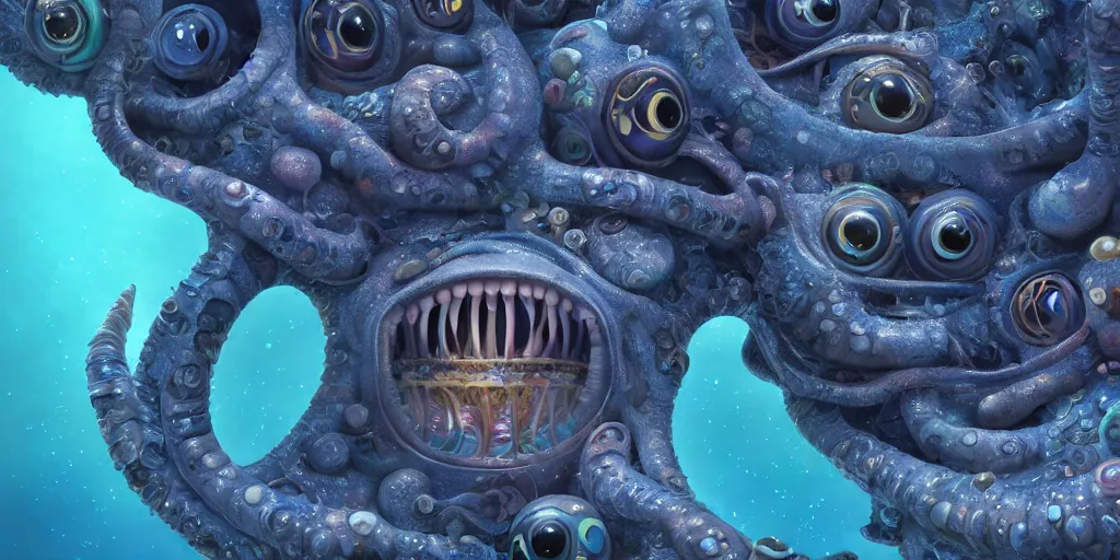 Image similar to of an intricate deep sea with strange cute friendly happy creatures with huge eyes, long tongue, round teeth and goofy funny face, appearing from the background, in the style of gehry and gaudi, macro lens, shallow depth of field, ultra detailed, digital painting, trending artstation, concept art, illustration, cinematic lighting, photorealism, epic, octane render