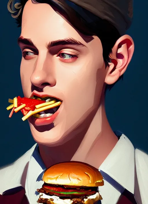 Image similar to portrait of jughead jones, eating a hamburger, wearing a crown, eyes closed, intricate, elegant, glowing lights, highly detailed, digital painting, artstation, concept art, smooth, sharp focus, illustration, art by wlop, mars ravelo and greg rutkowski