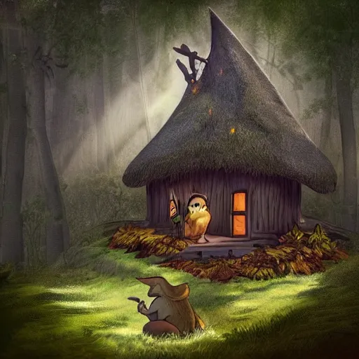 Prompt: a wooden cottage in a misty forest, light shining through the branches of the trees, a friendly goblin sitting on a stone and playing a flute, digital art