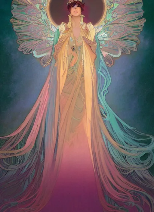 Prompt: ombre velvet gown, alphonse mucha, beautiful elegant woman with glowing wings, portrait, neon outline, long hair, tiara, dozens of jeweled necklaces, by greg rutkowski, brom, anato finnstark