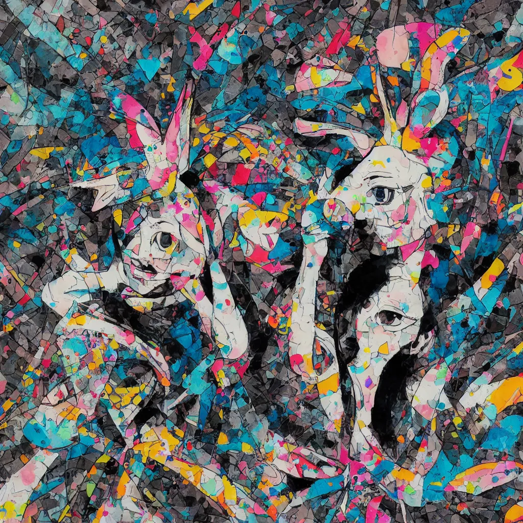 Image similar to person wearing bunny ear hat, abstract, jet set radio artwork, ryuta ueda artwork, cryptic, rips, spots, asymmetry, stipple, lines, glitches, color tearing, pitch bending, stripes, dark, ominous, eerie, hearts, minimal, points, technical, natsumi mukai artwrok, folds