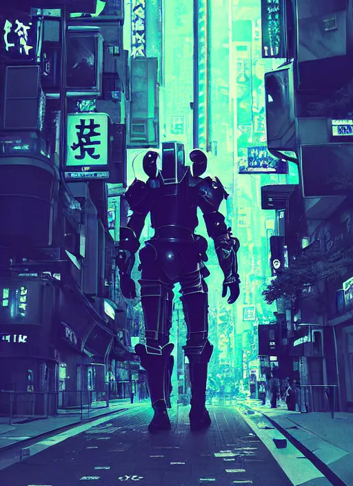 Image similar to sci - fi metal knight walking in shinjuku, by ismail inceoglu