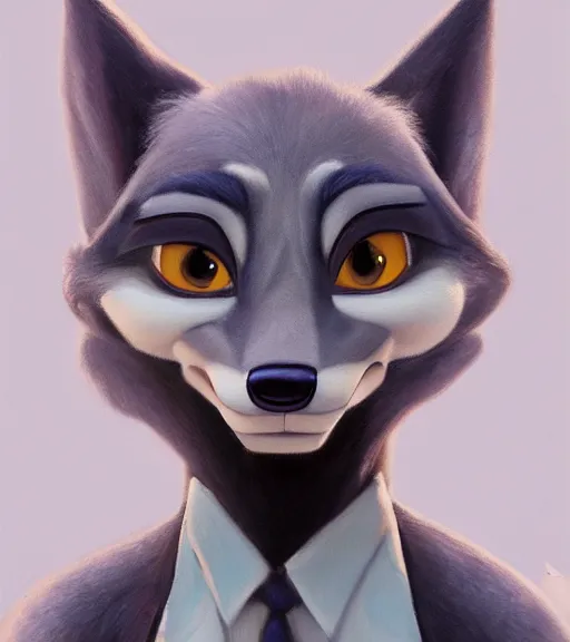 Image similar to oil painting bust of anthromorphic female wolf, in style of zootopia, zootopia, zootopia, fursona, furry, furaffinity, 4 k, deviantart, furry art, fursona art, wearing black business suit, business suit, in style of zootopia, wolf fursona, cyberpunk, female, expressive detailed feminine face,