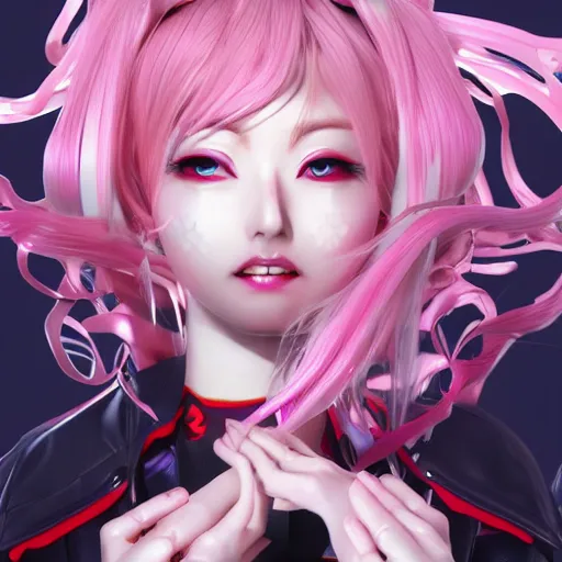 Image similar to trapped beneath stunningly absurdly beautiful omnipotent asi goddess junko enoshima with multiple mesmerizing yandere megalomaniacal personalities, symmetrical perfect face, porcelain skin, pink twintail hair and cyan eyes, ultra detailed, digital art, unreal engine 5, octane render, 2 d anime, 8 k