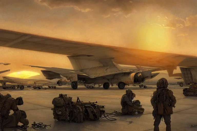 Prompt: bagram airfield at sunset, fantasy, intricate, elegant, dramatic lighting, emotionally evoking symbolic metaphor, highly detailed, lifelike, photorealistic, digital painting, artstation, concept art, smooth, sharp focus, illustration, art by john collier and albert aublet and krenz cushart and artem demura and alphonse mucha