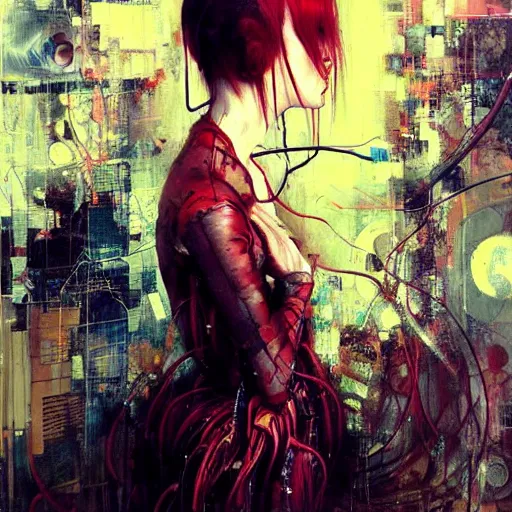 Image similar to karen gillan cyberpunk dreaming, wires cybernetic implants, in the style of adrian ghenie, esao andrews, jenny saville,, surrealism, dark art by james jean, takato yamamoto