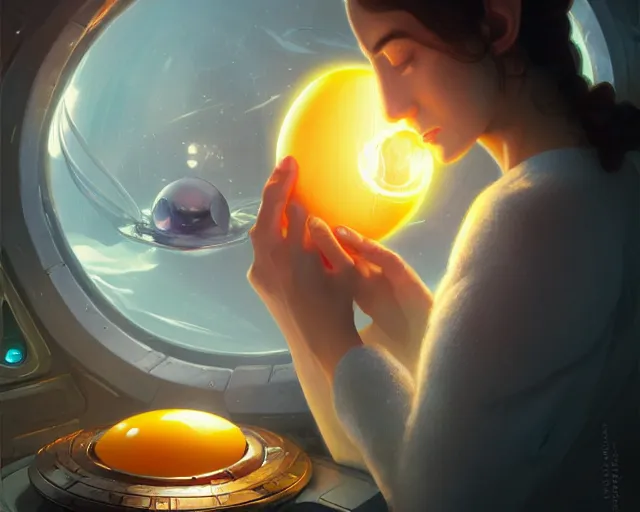 Image similar to a person with a fried egg as a head, inside a spaceship, deep focus, d & d, sci - fy, intricate, elegant, highly detailed, digital painting, artstation, concept art, matte, sharp focus, illustration, hearthstone, art by artgerm and greg rutkowski and alphonse mucha