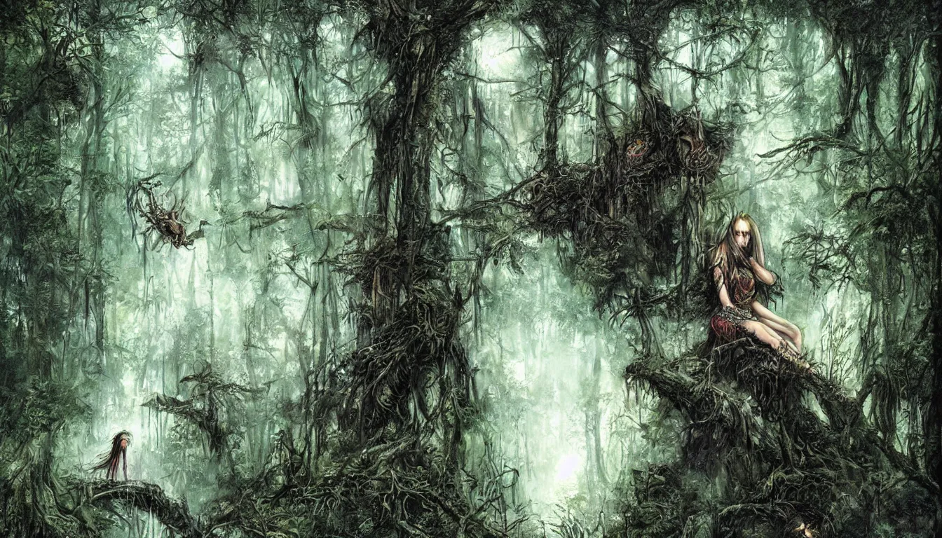 Image similar to a big eye floats above the ground in a dense forest, illustration by john taylor dismukes and dave lafleur, luis royo, chrome art, rich deep colors