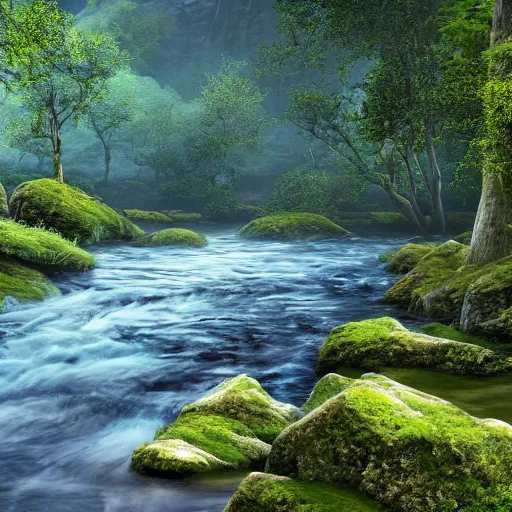 Image similar to A realistic beautiful natural landscape of a river, 4k resolution, hyper detailed