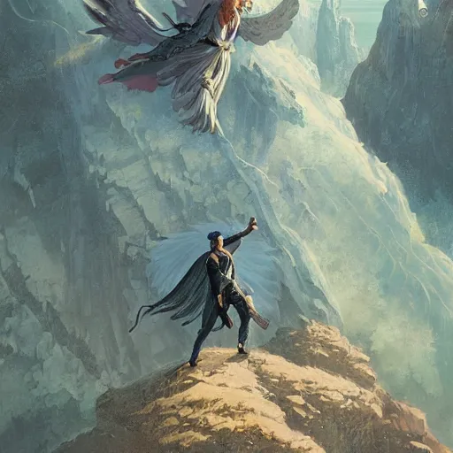 Image similar to angel protecting man falling from a cliff, detailed intricate ink illustration, happy atmosphere, detailed illustration, hd, 4k, digital art, overdetailed art, by greg rutkowski, by loish, complementing colors, Trending on artstation, movie poster style