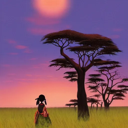 Prompt: a maasai girl standing in the savanna during a sunset by studio ghibli