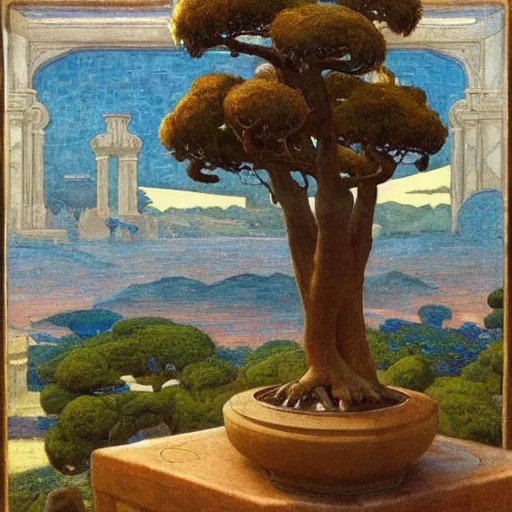 Image similar to Old African gardener cutting bonsai trees, isyllic Garden, by Annie Swynnerton and Nicholas Roerich and jean delville, glowing paper lanterns, strong dramatic cinematic lighting , ornate tiled architecture, lost civilizations, smooth, sharp focus, extremely detailed