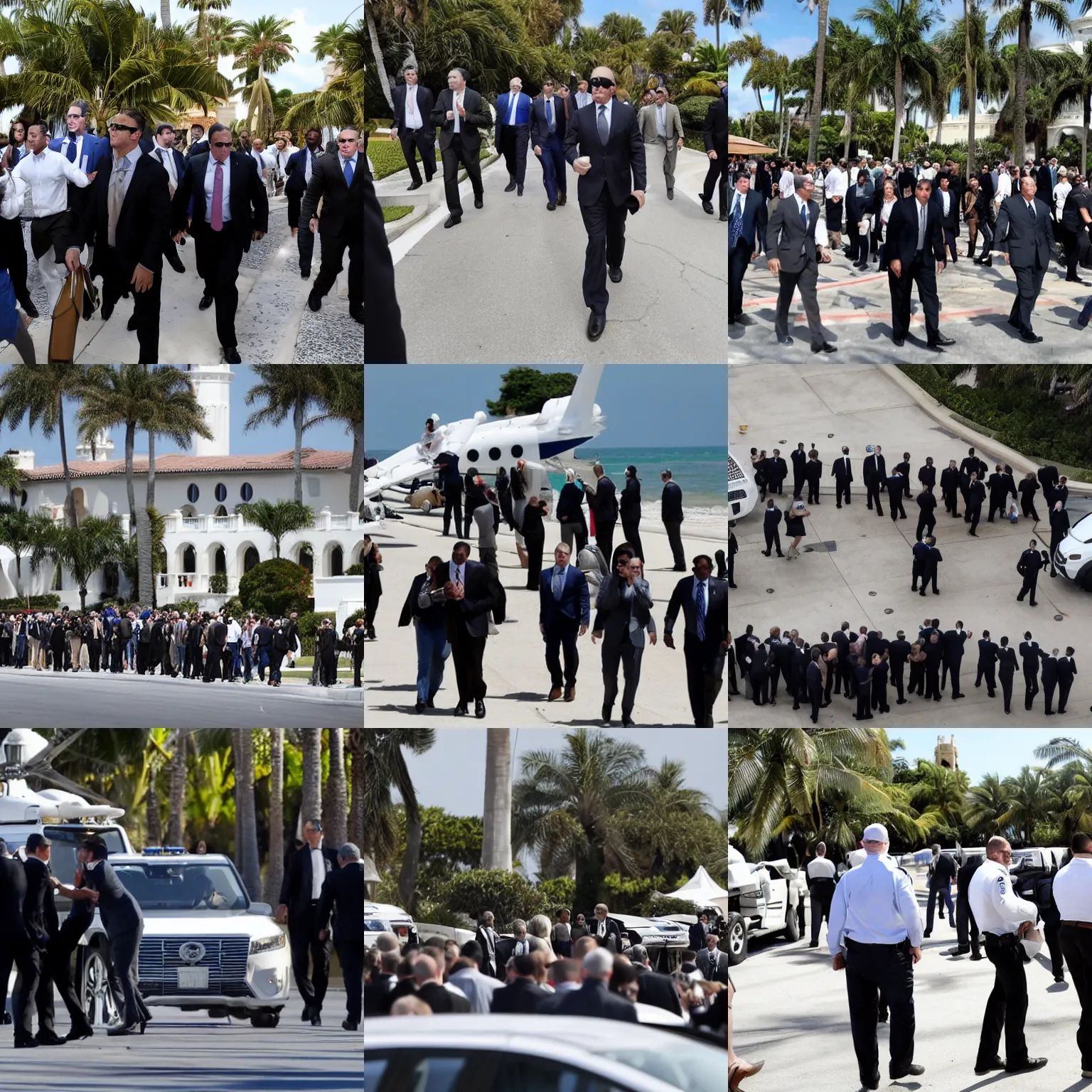 Prompt: a swarm of fbi agents descend on mar a lago