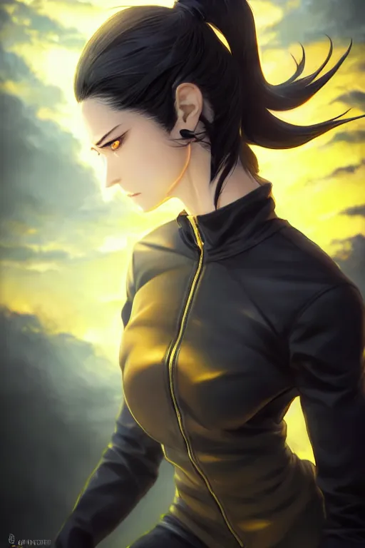 Image similar to black ponytail hair, pale woman in a black zipper jacket, yellow eyes, by artgerm, hair tied in a ponytail, black backdrop, masterpiece, beautiful render, matte painting, realistic, fighting pose, dynamic angle, by greg rutkowski makoto shinkai takashi takeuchi