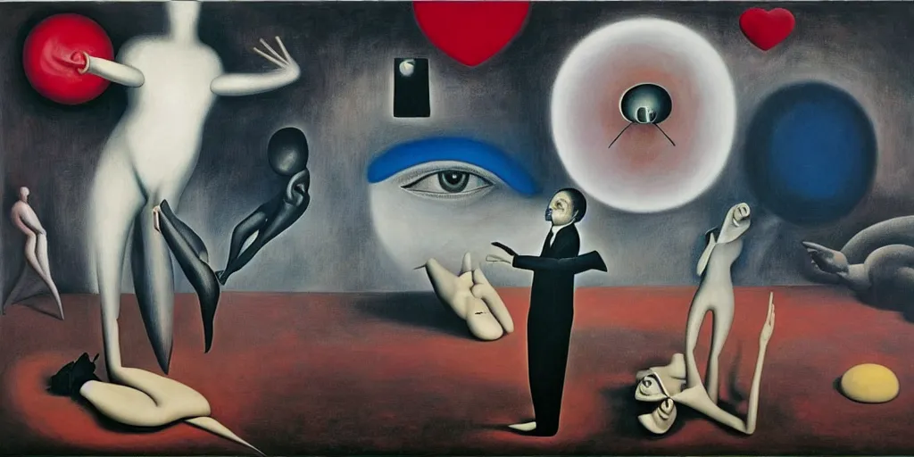 Prompt: surrealist painting by painting by gottfried helnwein, yves tanguy, leonora carrington, max ernst, a man being overcome by love conciseness, psychedelic dripping colors