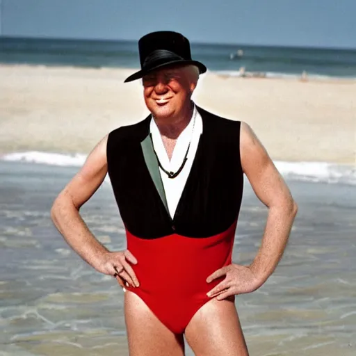 Image similar to donald trump wearing a 1 9 2 0 s style bathing suit