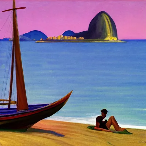 Image similar to a beach in rio de janeiro, characters in a boat, by edward hopper, award winning, cinematic