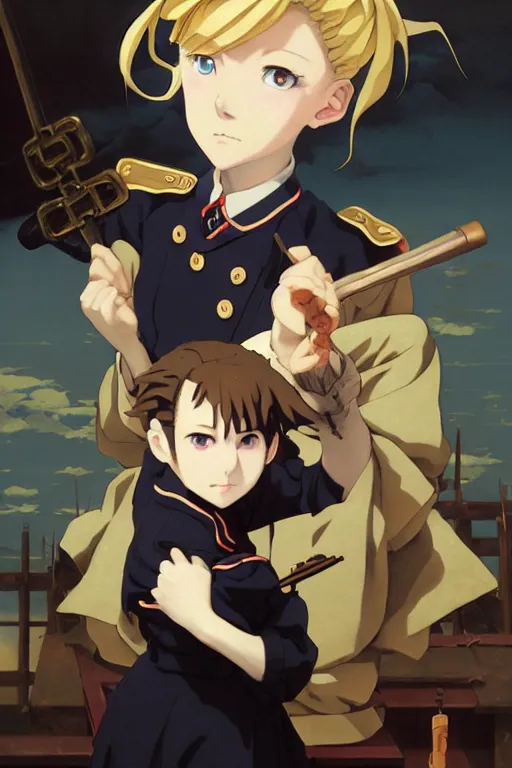 Image similar to baroque oil painting of propaganda poster anime key visual full portrait, young anime maid black canvas nazi uniform, blonde hair blue eyes, brutalist dark fantasy, rule of thirds golden ratio, fake detail, trending pixiv fanbox, acrylic palette knife, painted by makoto shinkai genshin impact studio ghibli jamie wyeth greg rutkowski chiho aoshima