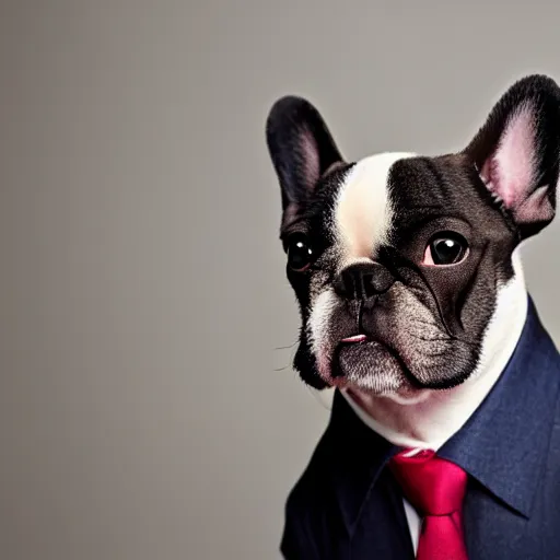 Prompt: french bulldog wearing businessman attire, studio lighting